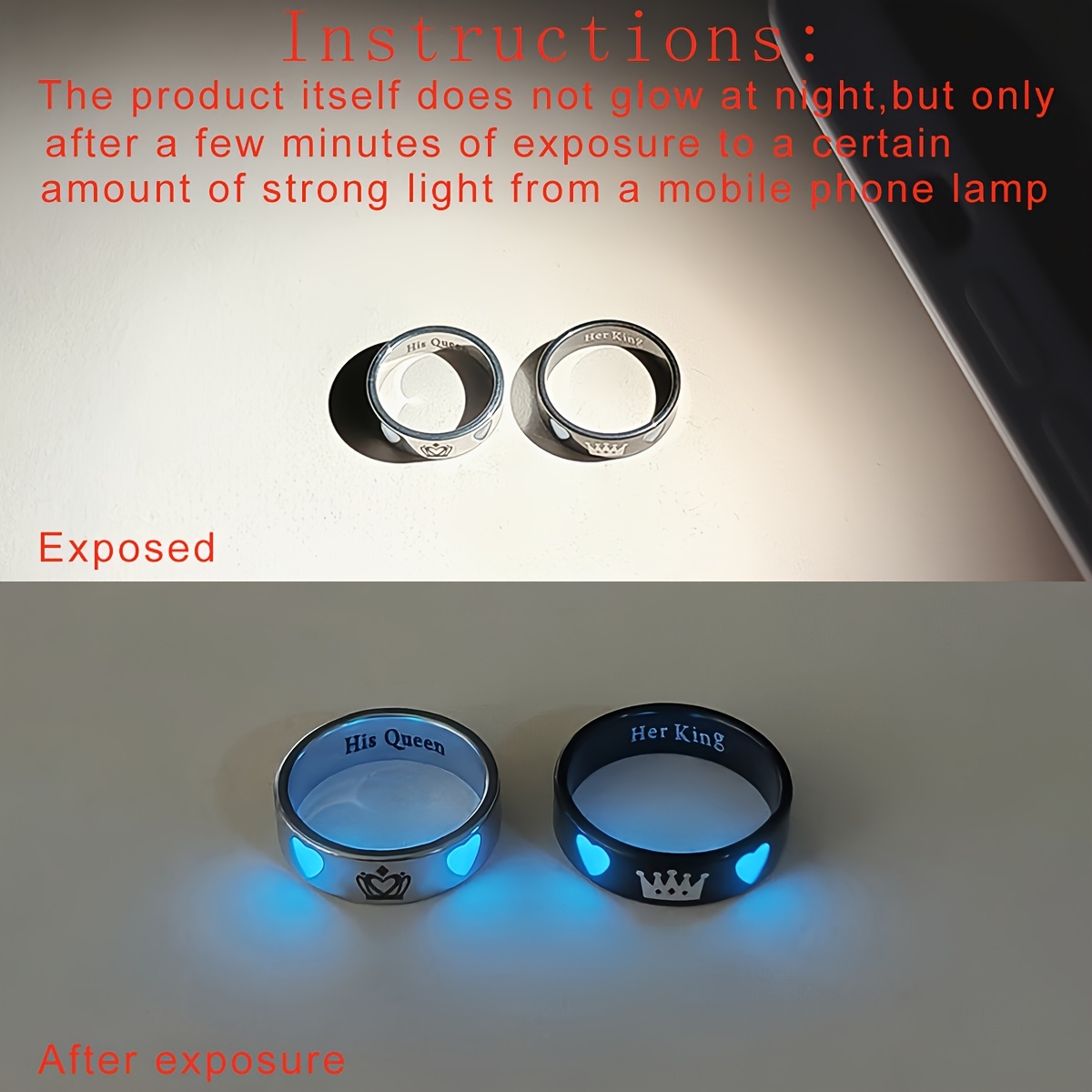 2pcs Luminous Heart "Her King His Queen" Couple Rings